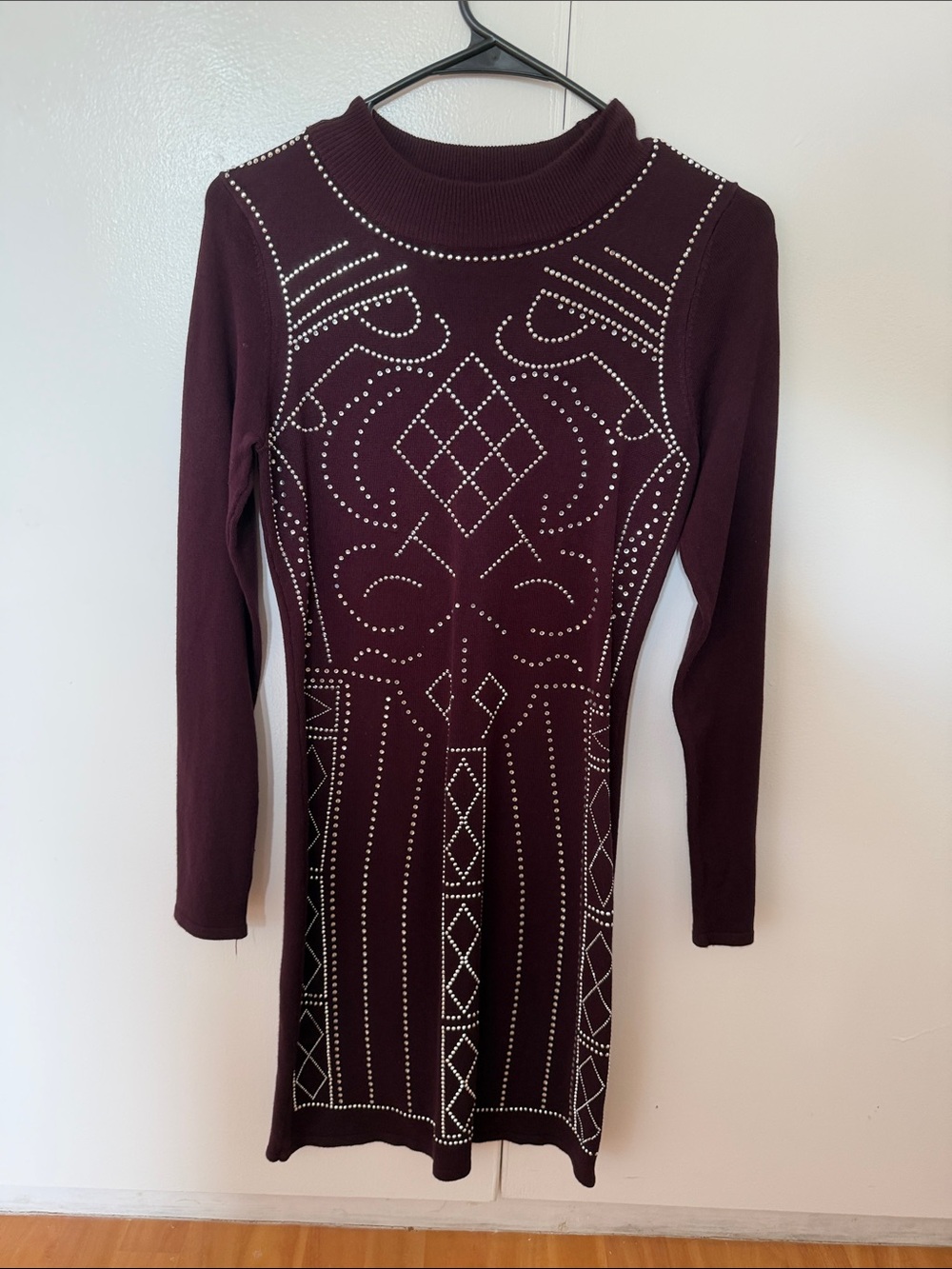 Women’s Studded Long Sleeve Bodycon Dress - Deep Burgundy